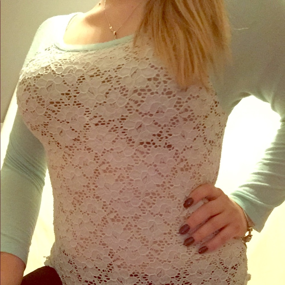 Light blue long sleeve baseball tee with lace